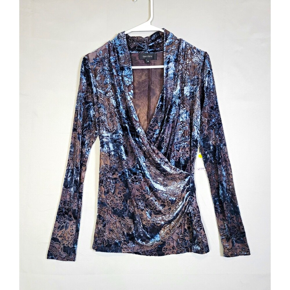 Karen Kane Womens Medium Velvet Burnout Faux Wrap Blouse Floral Whimsigoth Fairy